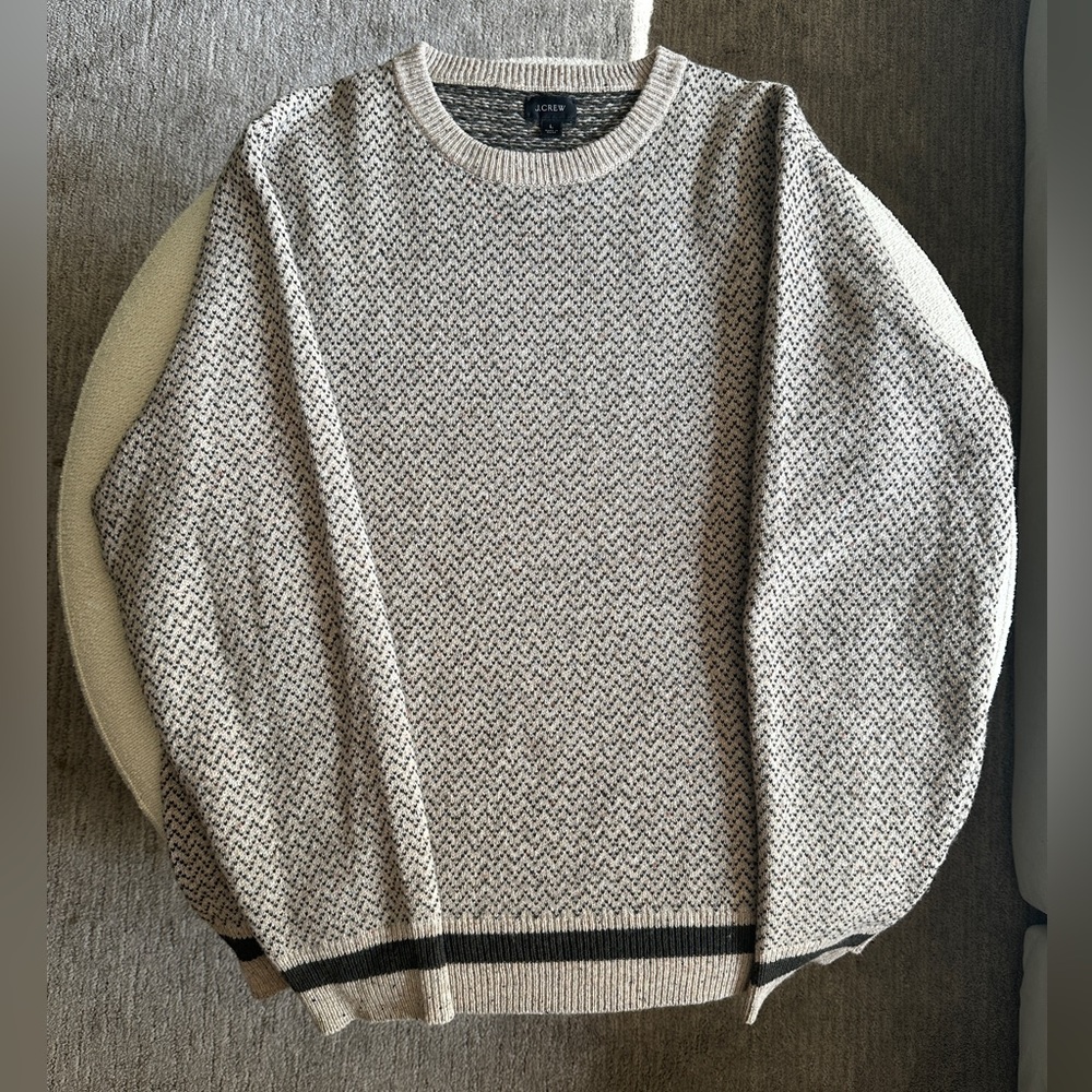 J.Crew Cream and Green Merino Wool-Blend Knit Fair-isle Sweater - Large